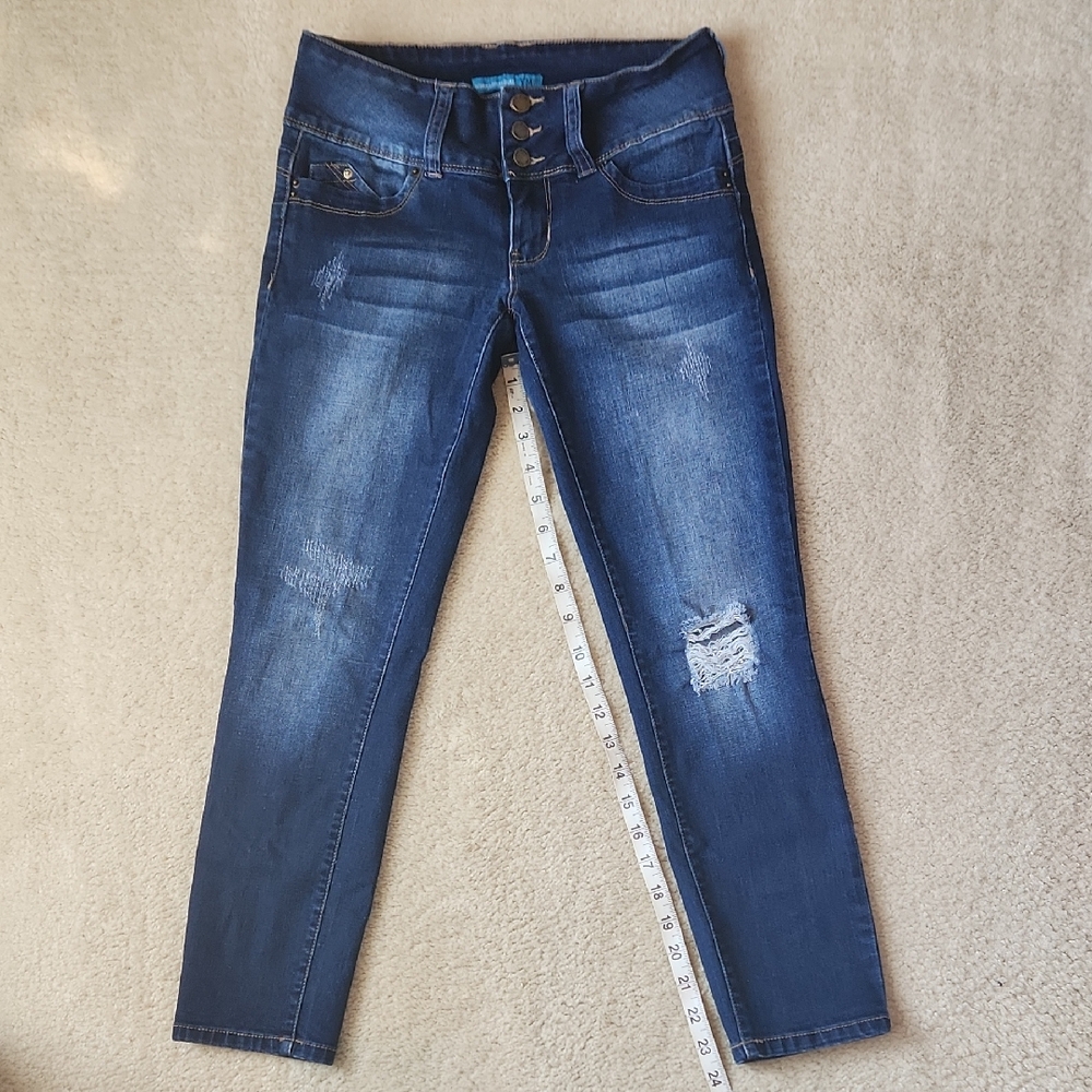 YMI Dark Blue Ankle Jeans with Distressed Accents